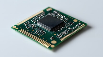 Detailed circuit board and microchip photographed on pristine white surface, highlighting technological precision and industrial components in clean composition.