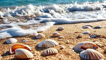 Obraz premium A sandy beach with shells and waves rolling in.