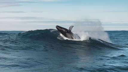 Fototapeta premium Whale breaching in a serene ocean under clear skies with frothy wave