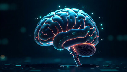 Obraz premium A futuristic brain working behind a digital interface with glowing holographic elements. Exhibiting advanced artificial intelligence 