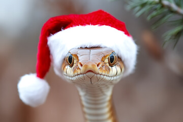 A humorous and festive image of a snake staring directly at the camera, wearing a Santa hat on its head, blending holiday cheer with a touch of playful charm.