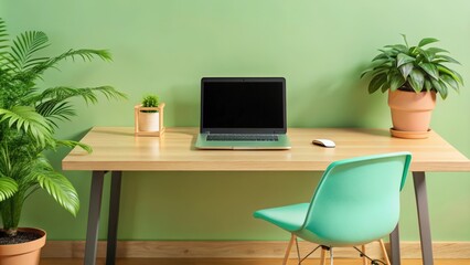 Minimalist Home Office Workspace with Laptop, Chair, and Plants