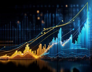 financial chart with blue and yellow trend lines, bar graphs
