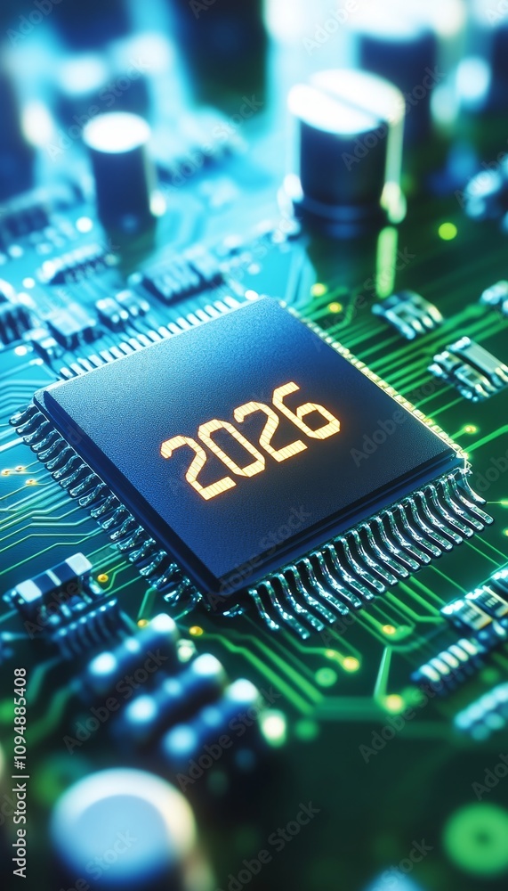 Poster technology of the future computer chip with 2026 illuminated, symbolizing innovation