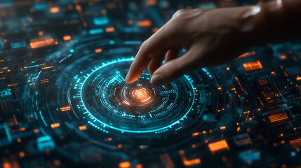 Digital planet Earth surrounded by futuristic data and technology elements, a hand touching the digital globe with a holographic interface