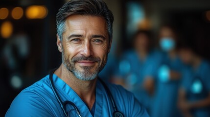 Obraz premium Caring doctor in blue scrubs with friendly smile