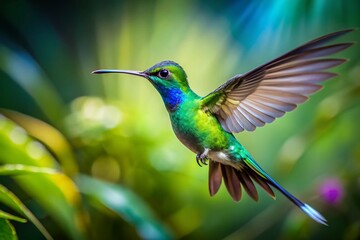 Fototapeta premium Captivating Long Exposure of the Forktailed Woodnymph in Flight, Showcasing the Elegance and Beauty of Thalurania Furcata Hummingbird in a Birdwatching Paradise