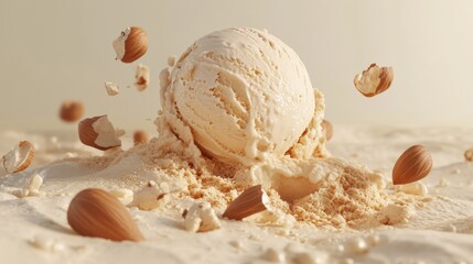 A scoop of creamy almond ice cream is surrounded by scattered crushed nuts. The setting highlights the texture of the ice cream and the natural elements of the nuts, creating an inviting treat.