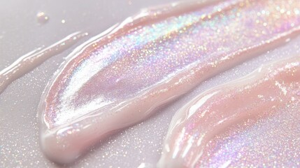 Fototapeta premium Glittering, iridescent swirls flow gently across a soft pastel surface, creating an enchanting display of color and light that draws the viewer's eye into its shimmering depths.