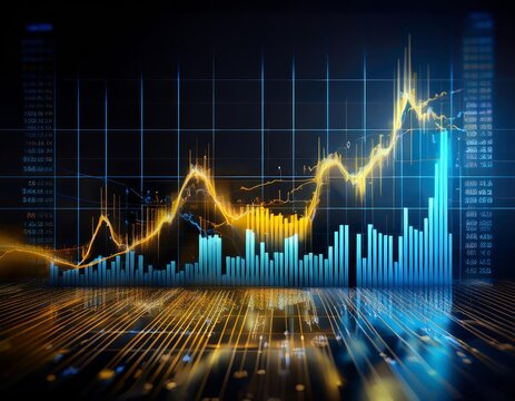 financial chart with blue and yellow trend lines, bar graphs