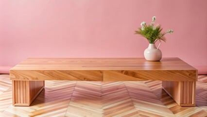 Wooden Coffee Table with Flowers on a Pink Wall and Wooden Floor
