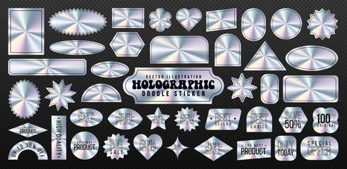 Holographic label with silver texture, shiny rainbow hologram tag, iridescent y2k product sale badge or emblem and colorful doodle sticker collection with neon effect for business marketing. Pvc tape.