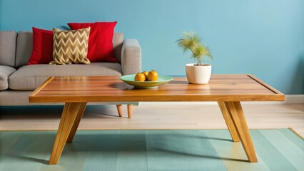 Wooden Coffee Table with Fruit and Plant in a Living Room