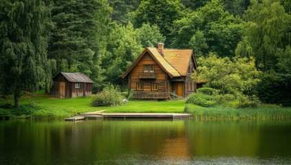 Fototapeta premium Traditional Polish Wooden House Near Lake with Barn, Lush Trees, Dock, and Large Lawn