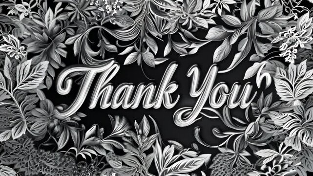 Silver decorated 3d letters "Thank You" on black alpha key background. Typographic sign with metallic floral ornaments. Premium design symbolizing gratitude and appreciation.