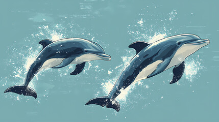 Fototapeta premium On a pastel blue background, small silhouettes of dolphins are arranged in a pattern