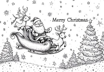 Christmas card design featuring a cute line drawing of Santa Claus flying in his sleigh with reindeer and Christmas trees