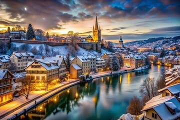 Captivating Long Exposure Photography of Bern, Switzerland in Winter Showcasing the Stunning Snow-Covered Architecture and Tranquil River Reflections Under a Starry Night Sky