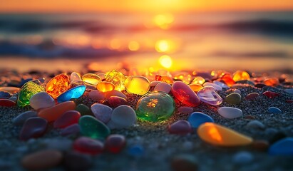 Colorful glass pebbles on the beach, colorful stones and rocks on a sand background, a seashore landscape, sunset, close-up.