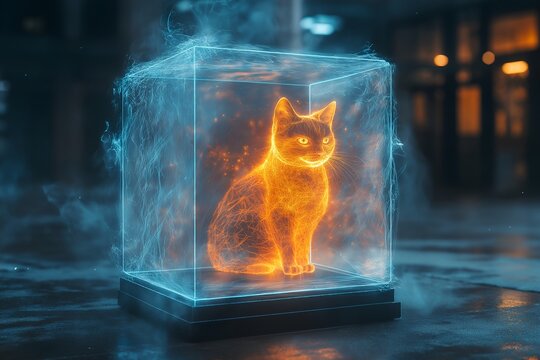 Schr&ouml;dinger's Cat in a Box with Glowing Quantum State Representing Quantum Physics