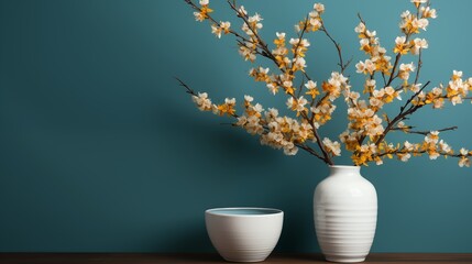 Stylish Scandinavian room with a wooden side table, colorful vases, and turquoise wall. Vibrant accents enhance the cozy and minimal design.