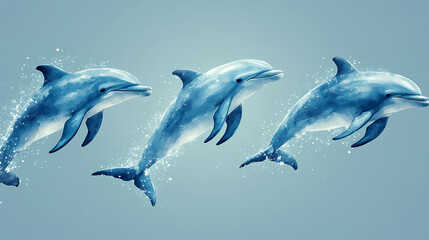 Fototapeta premium On a pastel blue background, small silhouettes of dolphins are arranged in a pattern