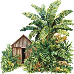 Fototapeta premium Watercolor painting of a rustic wooden hut nestled amongst lush tropical foliage, including a majestic banana tree and vibrant wildflowers.