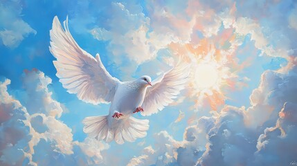 Fototapeta premium White Dove Flying In Blue Clouds As A Symbol Of Peace And Love, Generative AI