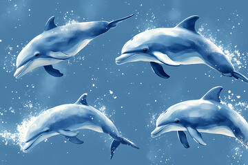 Fototapeta premium On a pastel blue background, small silhouettes of dolphins are arranged in a pattern