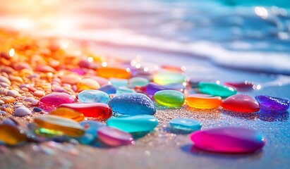 Colorful glass pebbles on the beach, colorful stones and rocks on a sand background, a seashore landscape, sunset, close-up.