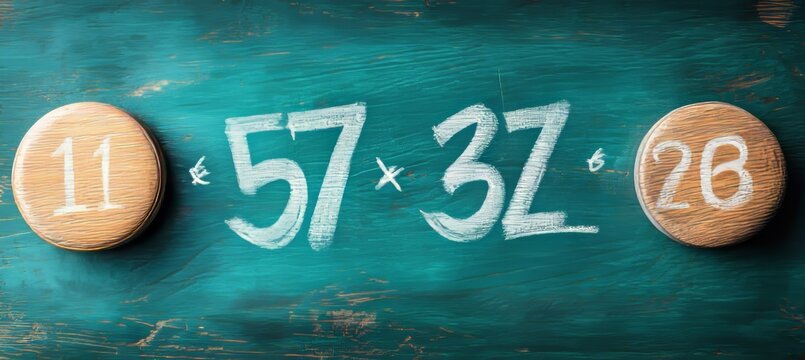 Chalkboard with Multiplication Equation and Round Wooden Number Pieces on Teal Surface