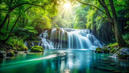Obraz premium Captivating Long Exposure Scene of Serene Waterfall Flowing Through Lush Green Forest, Evoking a Sense of Calm and Reflection in Nature’s Embrace