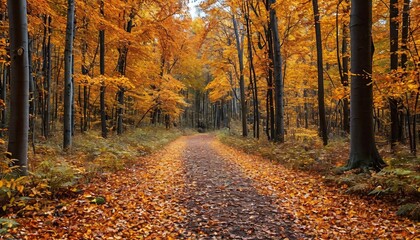 Obraz premium A forest path surrounded by golden fall leaves.