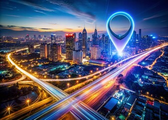 Fototapeta premium Captivating Long Exposure Shot of a Location Pin Surrounded by Night City Lights and Vibrant Colors, Perfect for Travel and Navigation Themes
