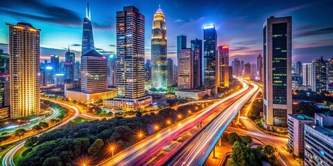 Captivating Long Exposure View of Guomao CBD Buildings from Flyover at Night - Stunning Urban Landscape with Vibrant City Lights and Modern Architecture