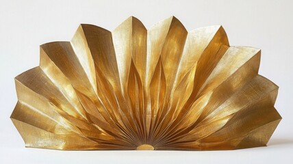 Golden folded paper fan on white isolated background.