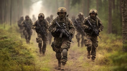 Soldiers Advancing Through Foggy Forest Landscape