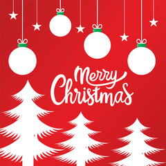 Merry christmas lettering card with christmas balls hanging christmas festival greeting poster tree on red background