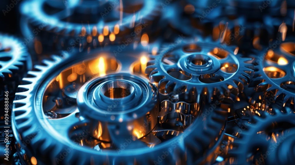 Poster close-up of interlocking metallic gears with glowing elements, showcasing mechanical precision.