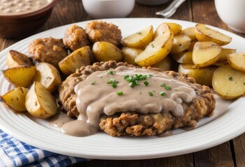 A plate of country fried steak with gravy and potatoes
