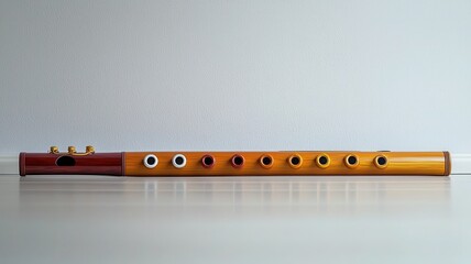 Traditional wooden flute, elegant design, white isolated background.