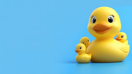 Yellow Rubber Duck with Three Smaller Ducks on Blue Background, Ideal for Copy Space
