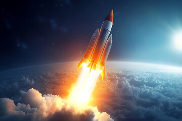 A 3D rendering of a rocket taking off, emerging dynamically from a laptop screen, symbolizing innovation, technology, and limitless possibilities in the digital age.
