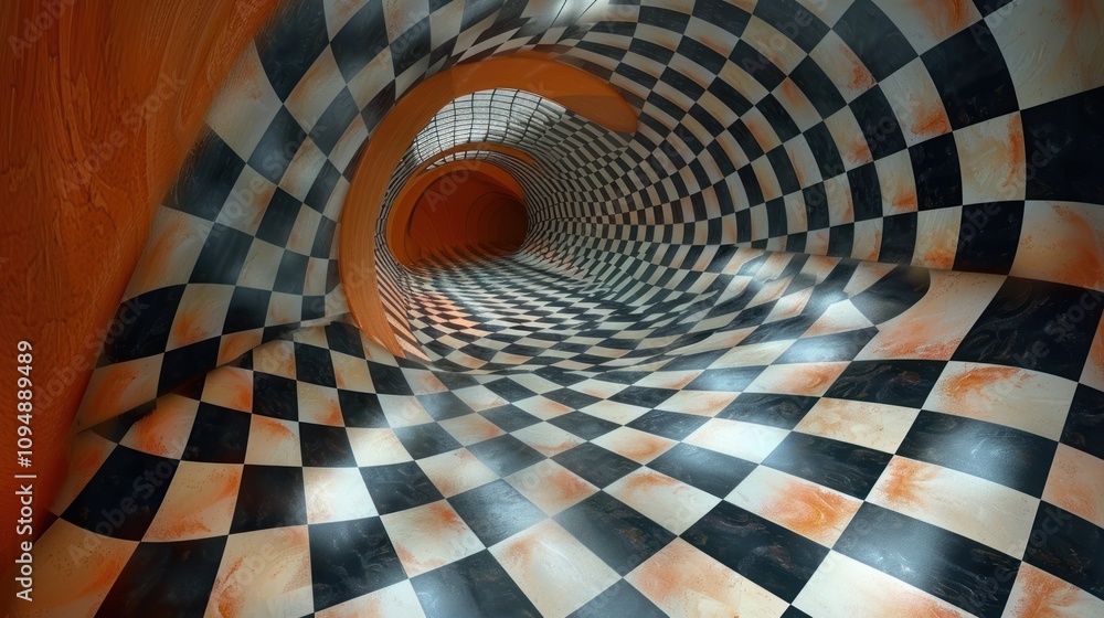Poster a surreal tunnel with a checkered pattern, creating a sense of depth and movement.