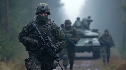 Naklejka premium Armed Soldier Advancing with Tank in Foggy Setting