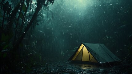 rain on the tent in the forest, tropic, quiet, calm, peaceful, meditation, camping, night, relax