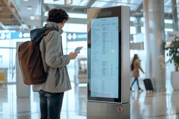 Solo Traveler Using Smartphone While Navigating Airport Terminal With Interactive Display in Modern Travel Environment