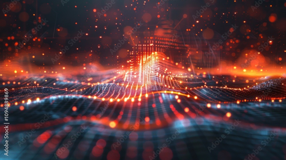 Aufkleber abstract digital landscape with glowing particles and waves, representing data and technology.