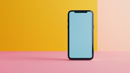 Modern smartphone with blank screen positioned against vibrant yellow and pink backdrop, perfect for displaying apps or content in digital marketing and advertising projects