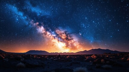 Fototapeta premium A stunning night sky featuring the Milky Way over a rocky landscape at sunset.